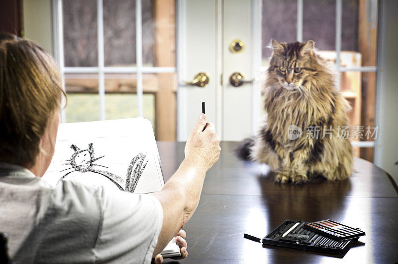 一个成熟的女人用木炭画她的猫。