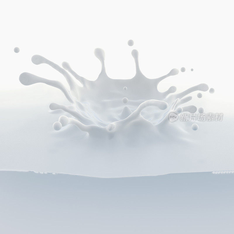 3d抽象液体牛奶飞溅，皇冠飞溅，孤立在whi