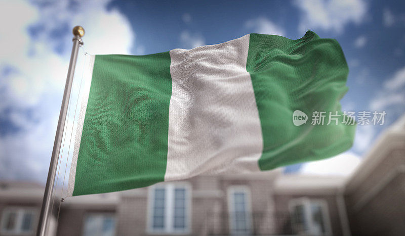 尼日利亚国旗3D渲染蓝天建筑背景