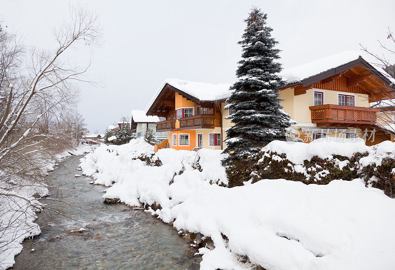 冬天的房子在河边有冷杉树和雪