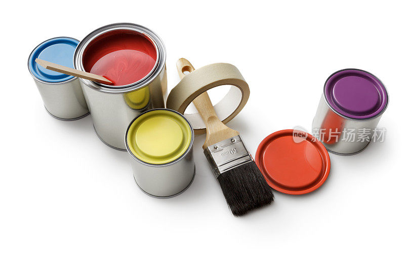 油漆:油漆罐和刷子隔离在白色背景