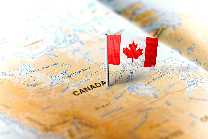 加拿大在地图上插着国旗