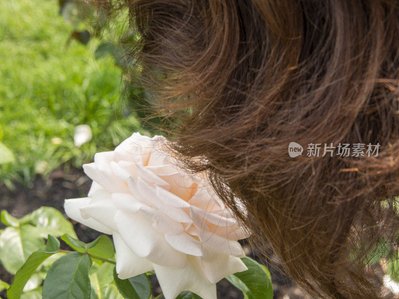 女人在闻玫瑰花