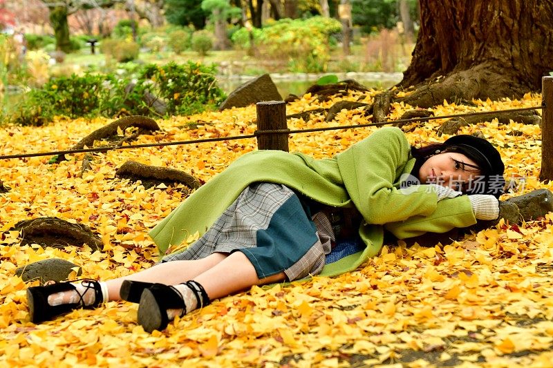 日本女人在秋天的银杏树下休息