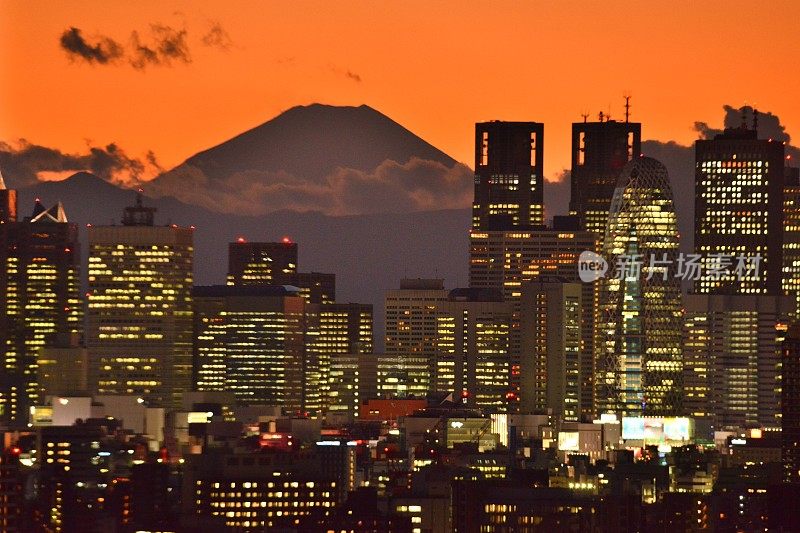 富士山和东京的天际线:白天和黑夜