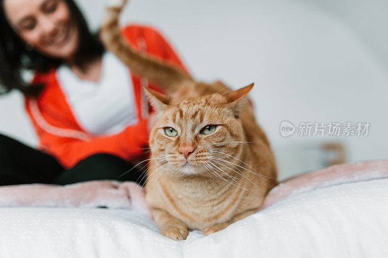 一个年轻女人和她的猫在床上