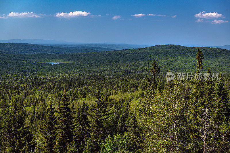山脉和悬崖的全景，南乌拉尔。夏天在山上。从山脉眺望，乌拉尔，西亚，俄罗斯