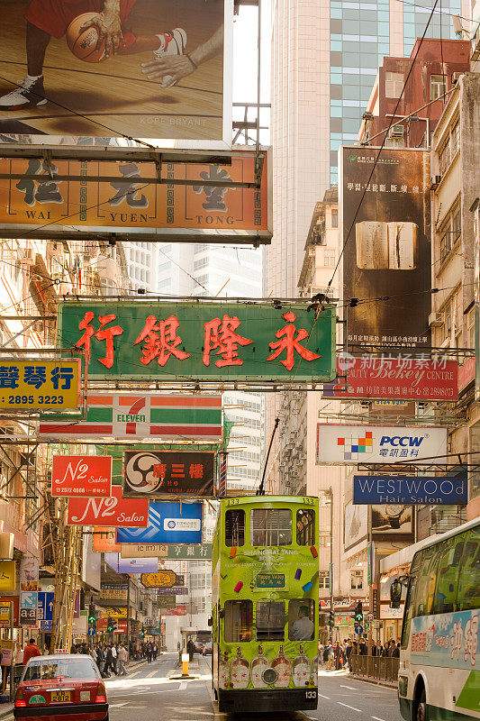 街景中的传统电车和商店标志。