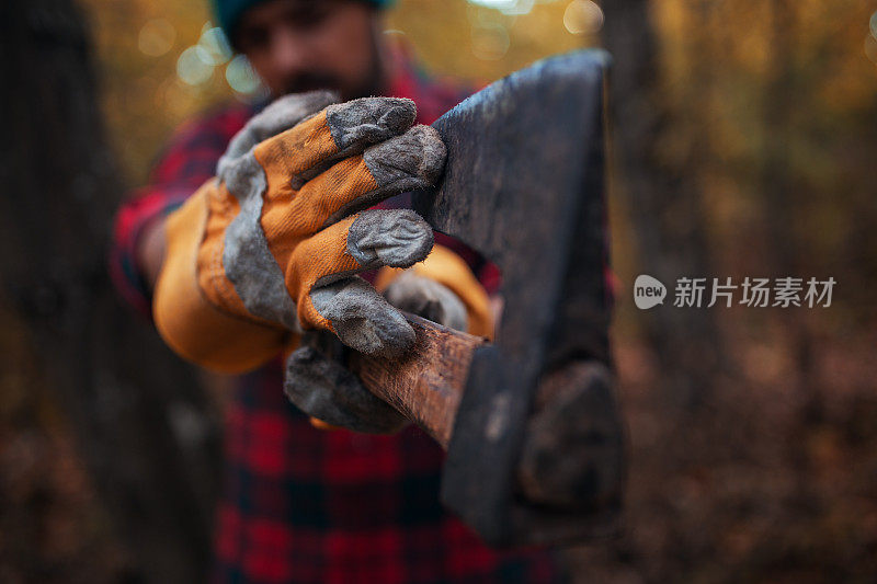 伐木工人正在准备他的斧头