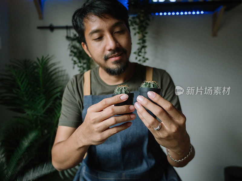 时髦的亚洲男人在家给室内植物浇水