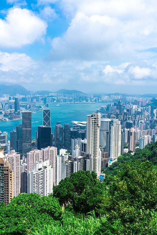 香港日出摩天大楼拥挤的城市景观和海港全景中国