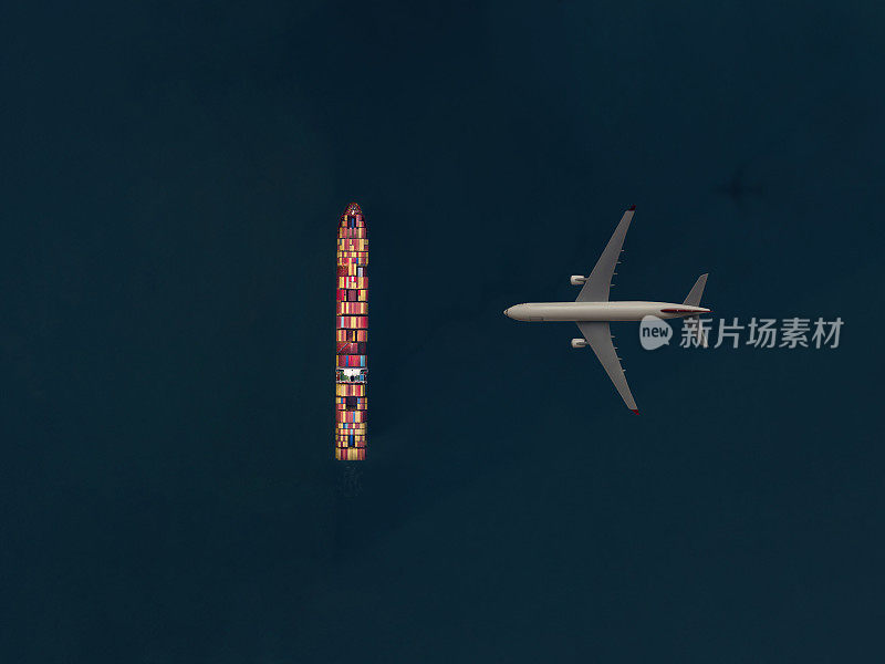 货机在海上集装箱船上空飞行。