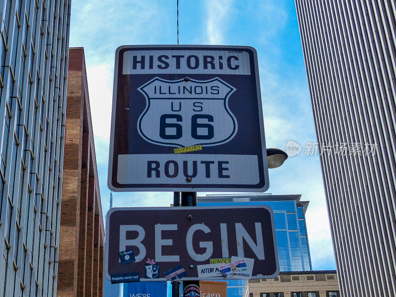 指示66号公路开始的交通标志-伊利诺斯州芝加哥