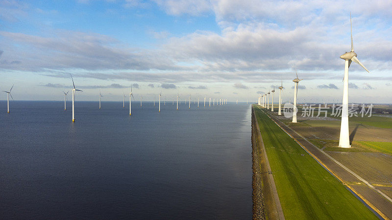 荷兰IJsselmeer海岸的Flevoland海岸上的风力涡轮机的鸟瞰图