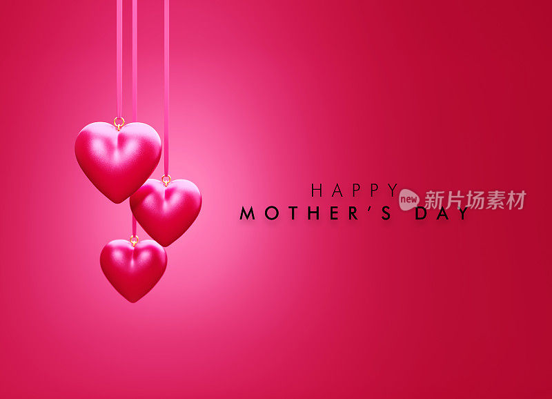 母亲节的概念-快乐的母亲节信息旁边的粉红色的心挂在粉红色的丝带玫瑰背景