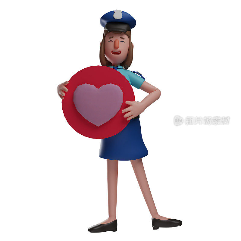 浪漫的3D警察女性卡通设计有一个心脏的礼物