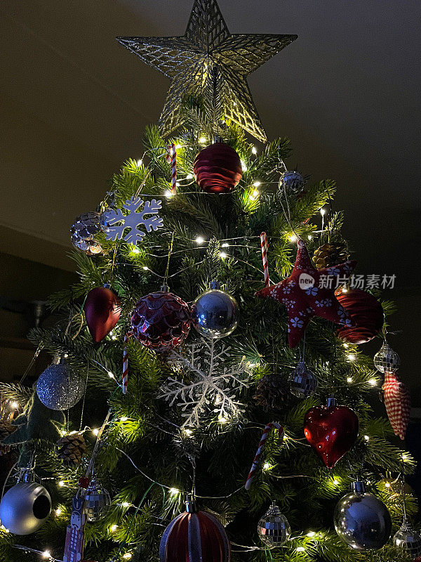 装饰物和装饰品的特写图像，包括银色的雪花，星形的小装饰品和人造圣诞树上的串仙女灯，重点在前景