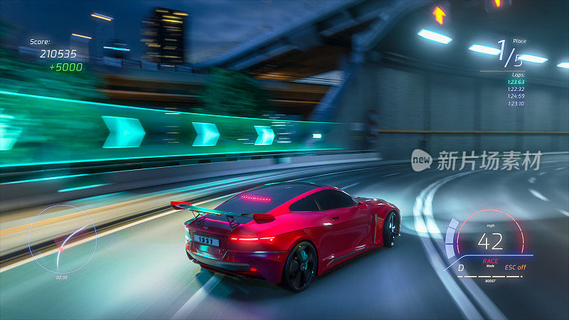 具有用户界面的赛车模拟器视频游戏的可玩性。计算机生成的3D汽车在现代大都市的夜间高速公路上快速行驶和漂移。视觉特效图像编辑。第三人称视角。