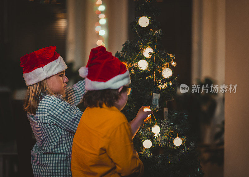 孩子们装饰圣诞树。