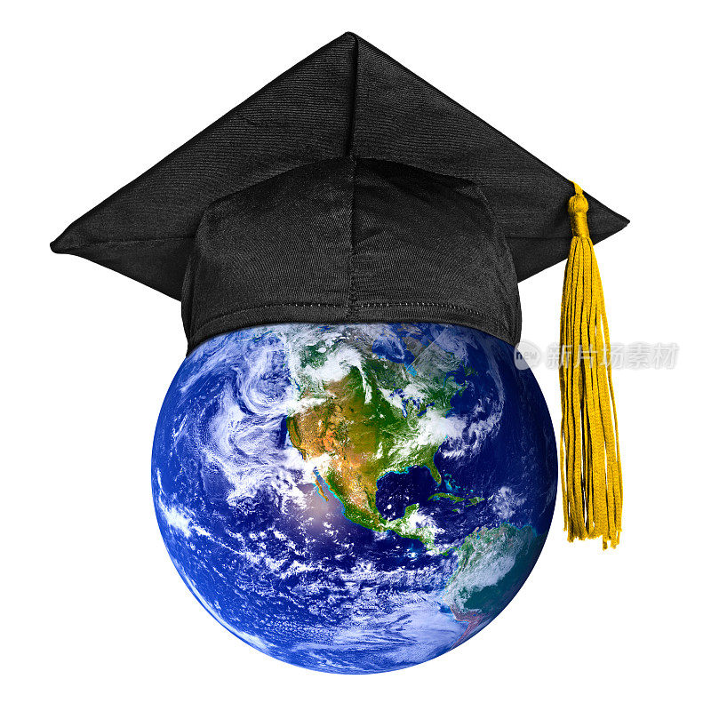 全球教育概念-地球上的学士(孤立在白色)。