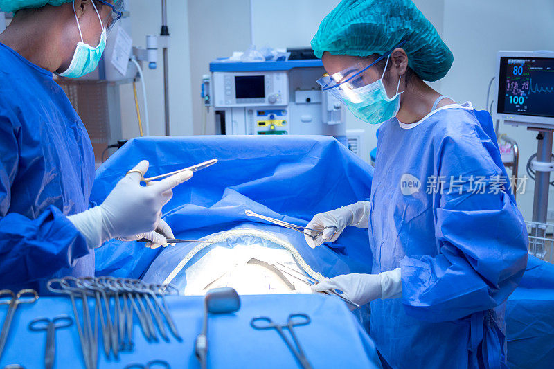 外科医生和助手正在手术室做手术。