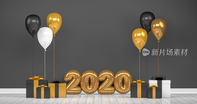 2020年新年闪亮的气球在空房间。圣诞节的概念