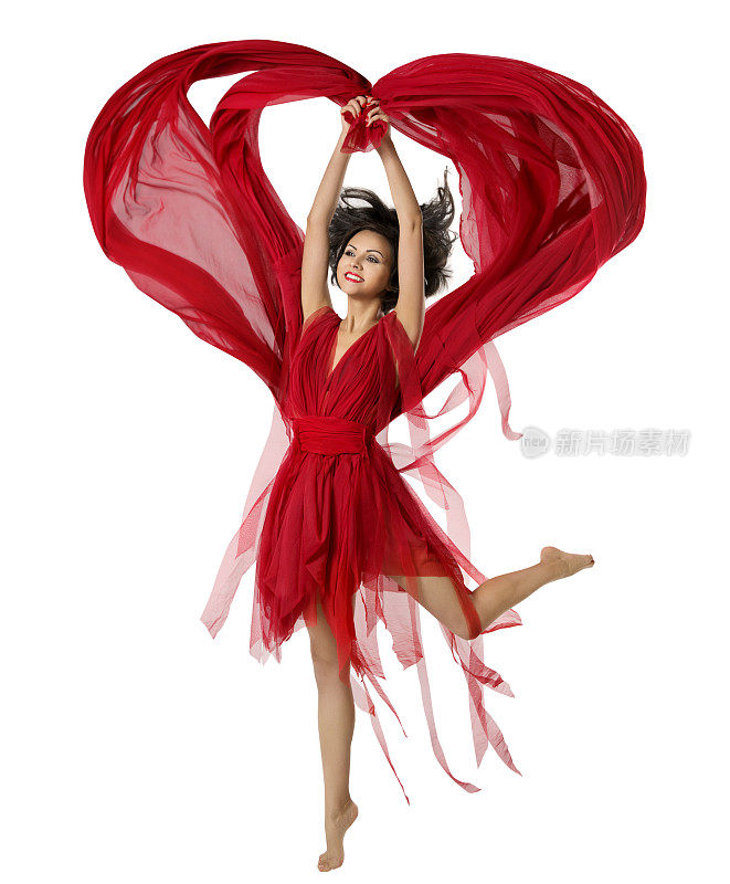 女人跳舞心形织物布，美丽的女孩红色连衣裙