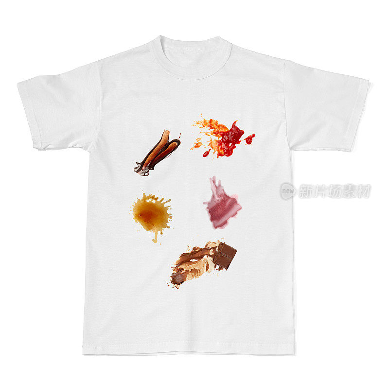 t恤上有番茄酱，巧克力，咖啡，红酒，食物污渍