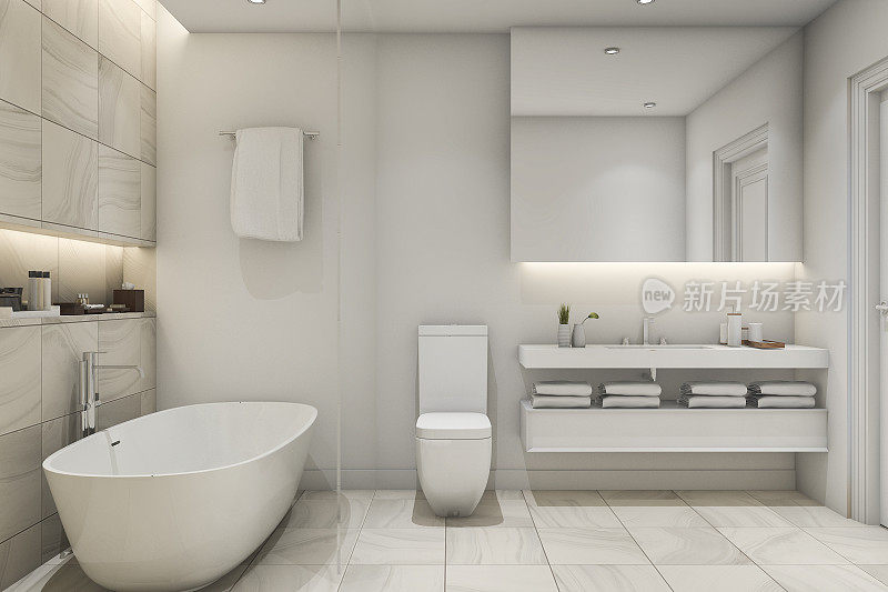 3d渲染白色瓷砖大理石豪华浴室