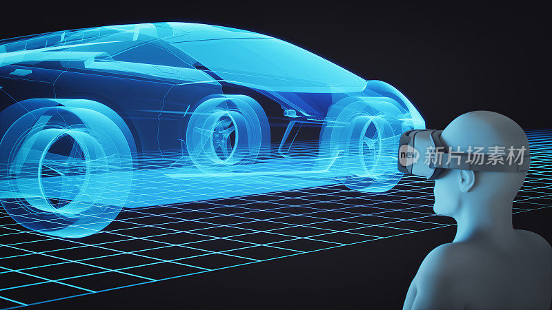 3D人与虚拟现实耳机看汽车模型