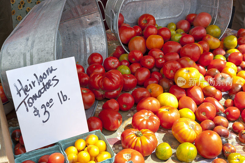 农贸市场上的传家宝番茄，上面有价格标志