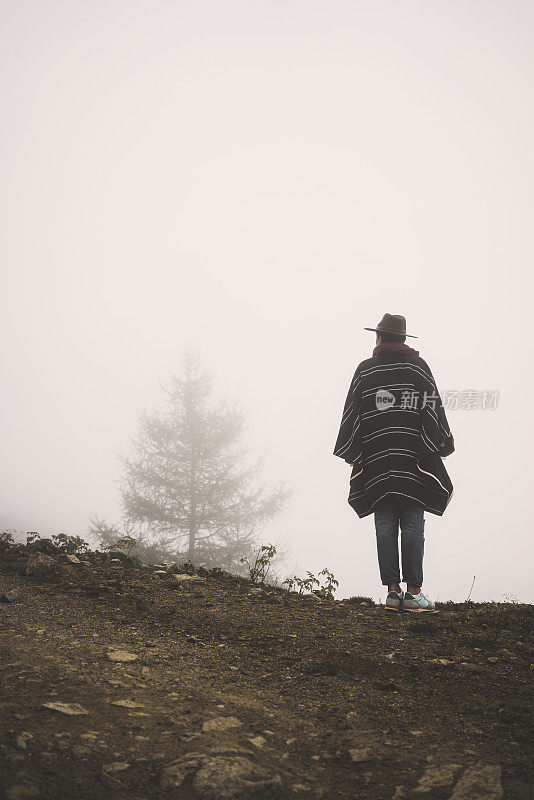 旅行者、露营者、徒步旅行者看着雾蒙蒙的森林山脉