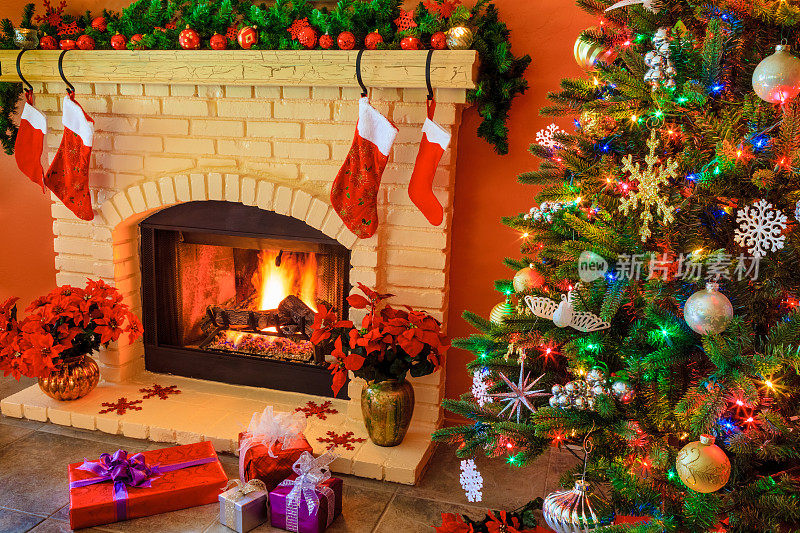 圣诞节,圣诞树,壁炉;节日装饰物;长袜(P)