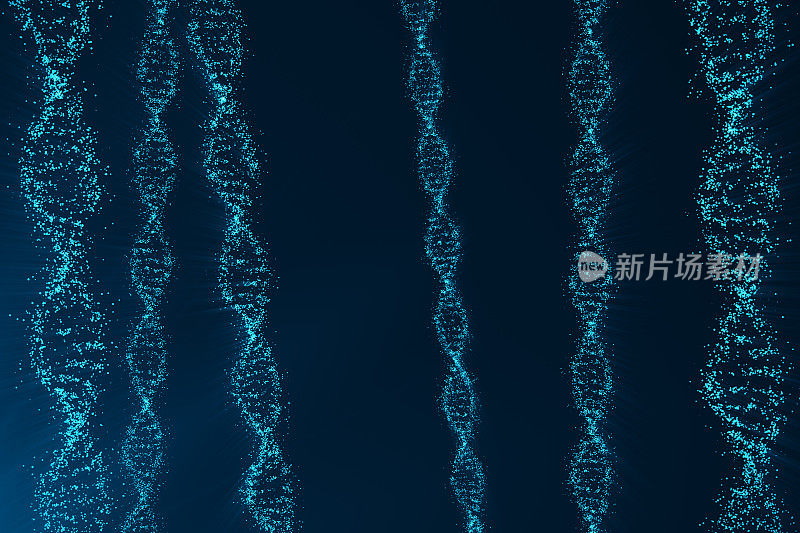 旋转DNA，基因工程科学概念，蓝色色调。三维渲染