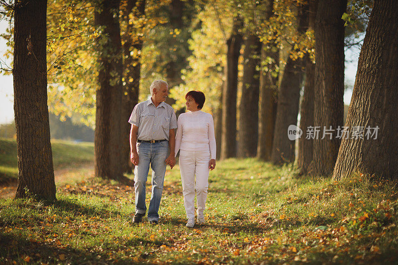 一对老年夫妇在享受秋天散步