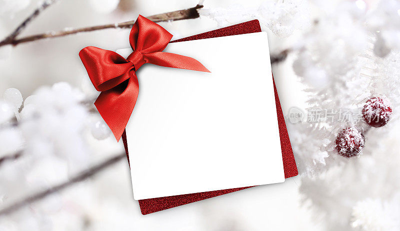 圣诞贺卡与红丝带蝴蝶结和冬青浆果背景白色模板复制空间