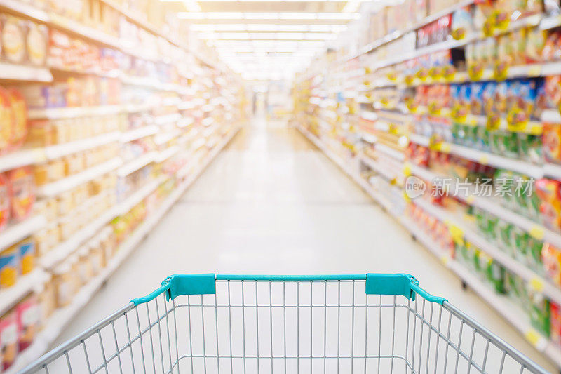 购物车视图在超市过道与产品货架抽象模糊散焦背景
