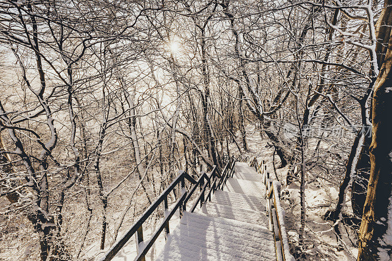 丹麦M?ns Klint的冬季阳光和完美的雪