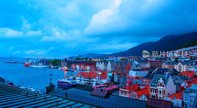 卑尔根和海港的全景从佛罗延山，卑尔根，挪威。