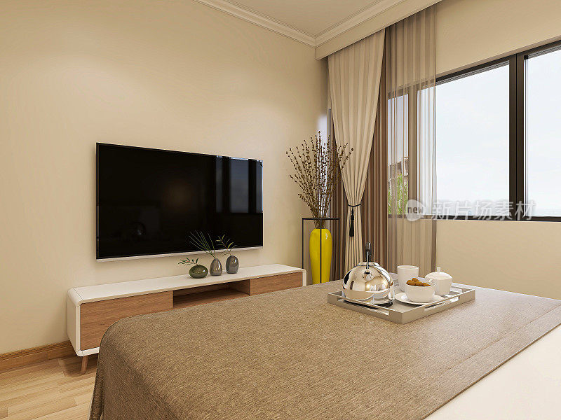 3D效果图，优雅宽敞的现代公寓卧室设计，大床旁的大衣柜，