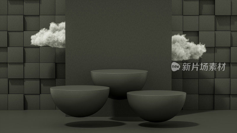 3D飞行黑色颜色空半球产品站，平台，讲台和云