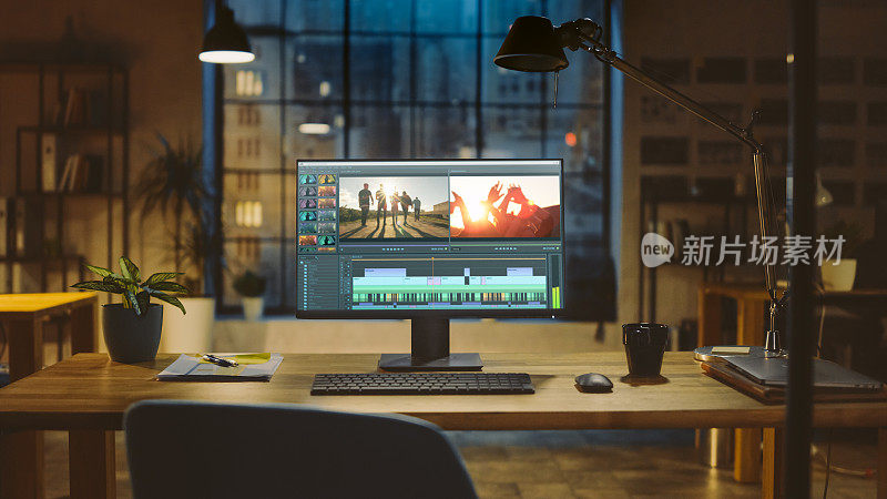 用专业视频剪辑软件拍摄的台式电脑站在书桌上。在背景温暖的夜晚照明和开放空间工作室与城市窗户景观。