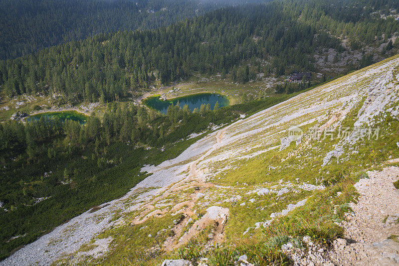 从Bohinj到斯洛文尼亚Triglav国家公园的小Ticarica山的徒步路线上观看