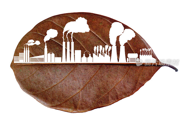 用世界地图剪干树叶。来自工业的有毒烟雾对世界恶劣的环境。
