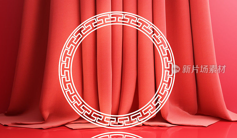 春节，金领奖台在红色抽象背景上展示几何形状的实体模型，窗帘产品简约呈现，3d渲染。