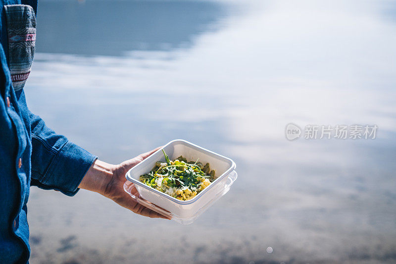 特写早晨在湖边的素食野餐