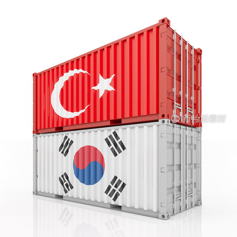 装载韩国和土耳其国旗的海运集装箱