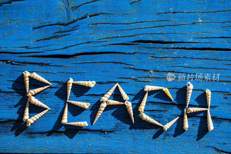 文字海滩与贝壳写在蓝色木材从直接上方