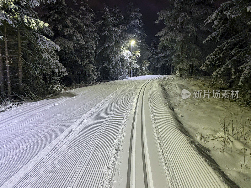 在夜间看到的越野滑雪轨道