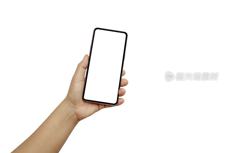 用左手拿着的白色屏幕手机，在白色背景上与剪切路径隔离。